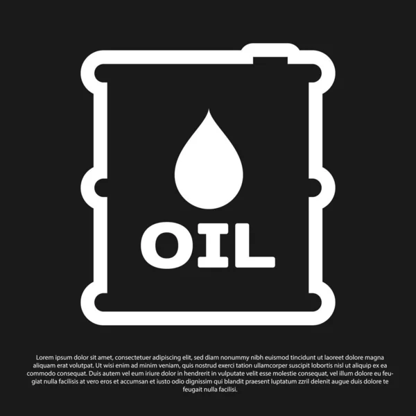 Icona barile olio nero isolato su sfondo nero. Contenitore del tamburo. Per infografica, carburante, industria, energia, ecologia. Illustrazione vettoriale — Vettoriale Stock