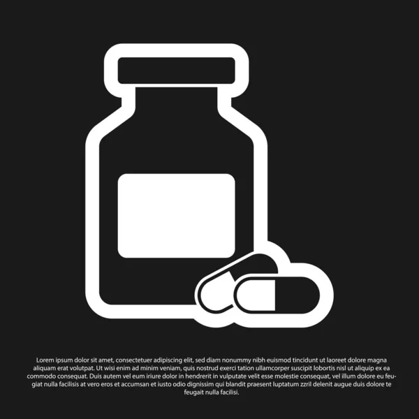 Black Medicine bottle and pills icon isolated on black background. Bottle pill sign. Pharmacy design. Vector Illustration — Stock Vector