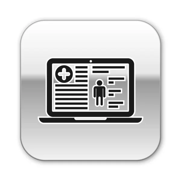 Черная медицинская клиническая запись на экране ноутбука значок изолирован на белом фоне. Медицинская страховка. Докумен: рецепт, медосвидетельствование. Серебряная кнопка. Векторная миграция — стоковый вектор