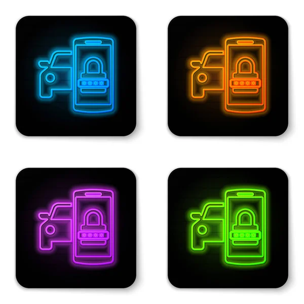 Icono del sistema de seguridad del coche inteligente de neón brillante aislado sobre fondo blanco. El teléfono inteligente controla la seguridad del coche en el inalámbrico. Botón cuadrado negro. Ilustración vectorial — Vector de stock