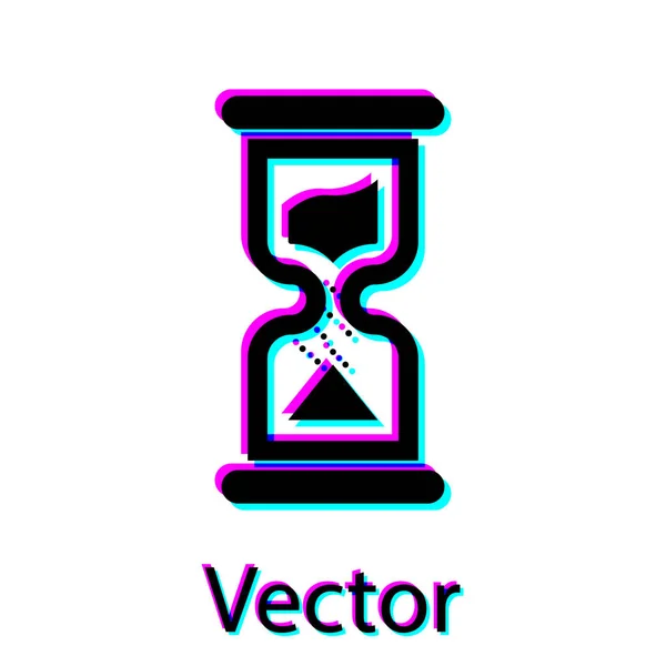 Reloj de arena negro viejo con el icono de arena que fluye aislado sobre fondo blanco. Señal de reloj de arena. Concepto de negocio y gestión del tiempo. Ilustración vectorial — Archivo Imágenes Vectoriales