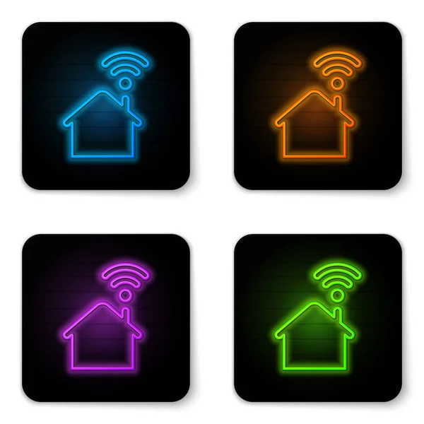 Leuchtende Neon Smart Home mit Wi-Fi-Symbol isoliert auf weißem Hintergrund. Fernbedienung. schwarzer quadratischer Knopf. Vektorillustration — Stockvektor