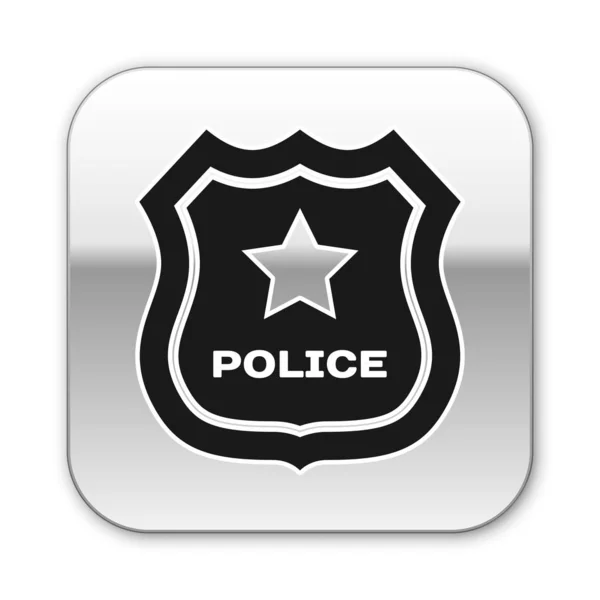 白い背景に隔離された黒い警察のバッジアイコン。保安官のバッジサインシルバーの正方形のボタン。ベクトルイラストレーション — ストックベクタ