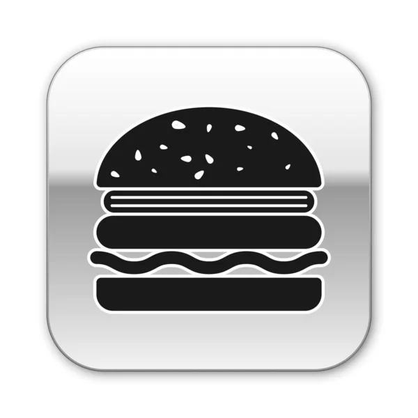 Black Burger icon isolated on white background. Hamburger icon. Cheeseburger sandwich sign. Silver square button. Vector Illustration — Stock Vector