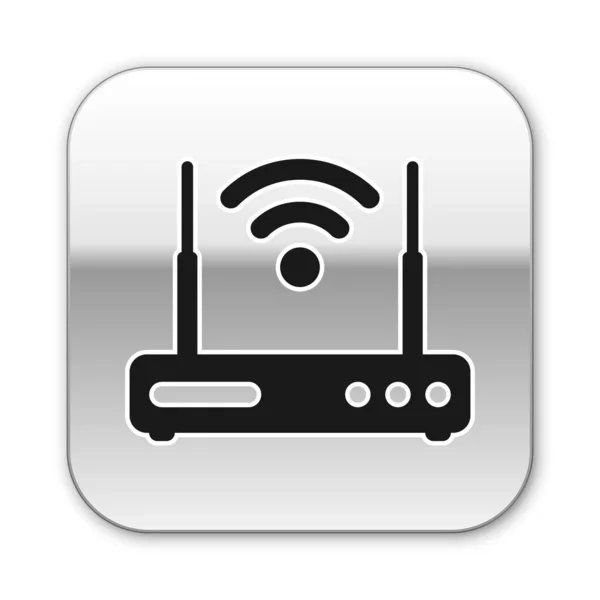 Routeur noir et symbole de signal wi-fi icône isolée sur fond blanc. Routeur de modem Ethernet sans fil. Internet informatique. Bouton carré argenté. Illustration vectorielle — Image vectorielle