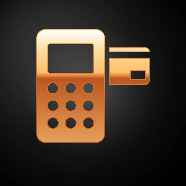 Terminal Gold Pos com ícone de cartão de crédito inserido isolado em fundo preto. Transação do terminal de pagamento. Ilustração vetorial — Vetor de Stock