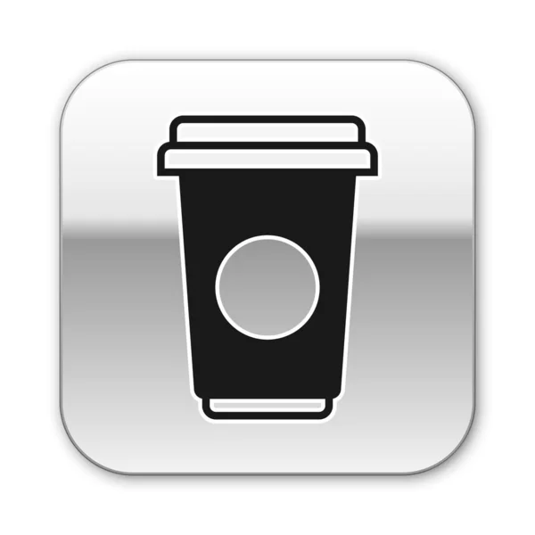 Icono de taza de café negro aislado sobre fondo blanco. taza de café desechable con café caliente. Botón cuadrado plateado. Ilustración vectorial — Vector de stock