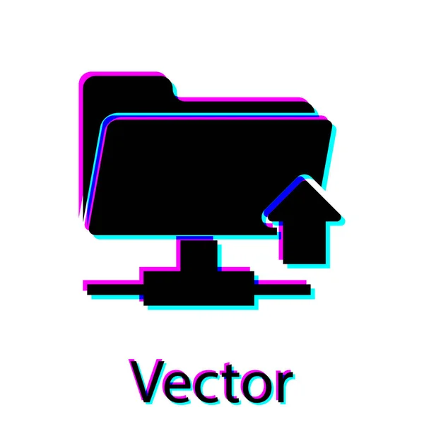 Carpeta FTP negra subir icono sobre fondo blanco. Concepto de actualización de software, protocolo de transferencia, enrutador, gestión de herramientas de trabajo en equipo, proceso de copia. Ilustración vectorial — Vector de stock