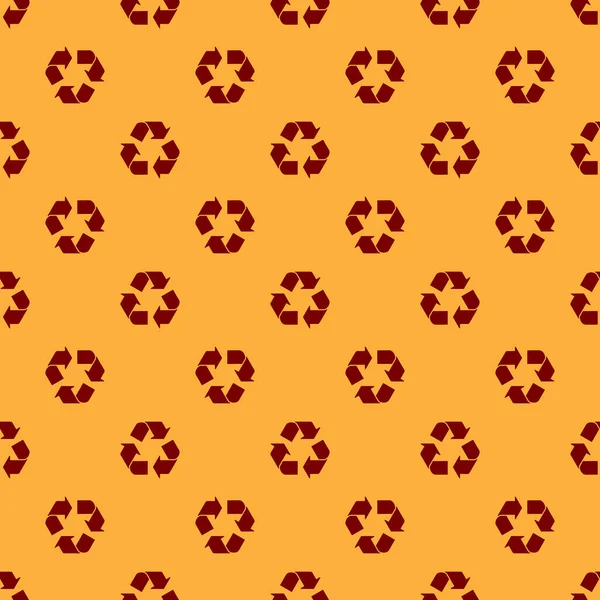 Rojo Reciclar icono símbolo aislado patrón sin costura sobre fondo marrón. Icono de flecha circular. El medio ambiente reciclable se vuelve verde. Ilustración vectorial — Archivo Imágenes Vectoriales