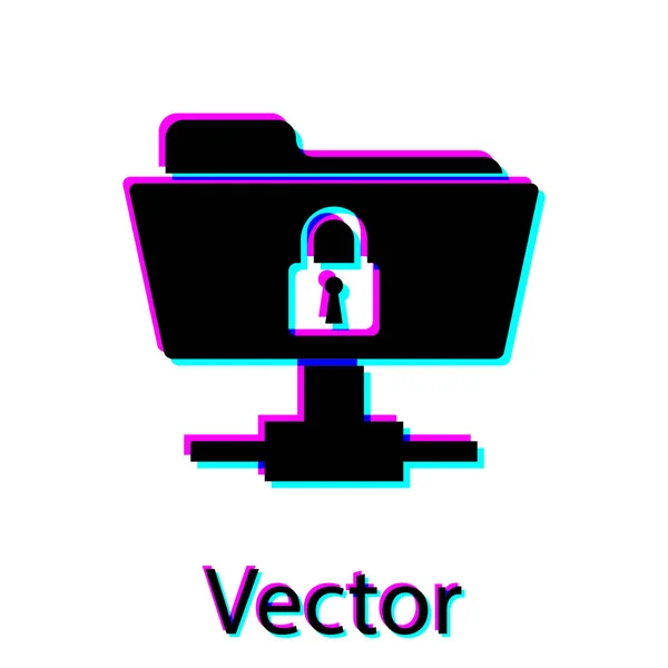 Carpeta FTP negra e icono de bloqueo aislados sobre fondo blanco. Concepto de actualización de software, protocolo de transferencia ftp. Seguridad, seguridad, concepto de protección. Ilustración vectorial — Vector de stock