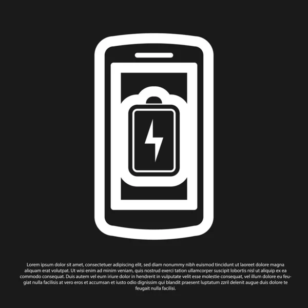 Icona carica batteria Smartphone nero isolato su sfondo nero. Telefono con carica a batteria scarica. Illustrazione vettoriale — Vettoriale Stock