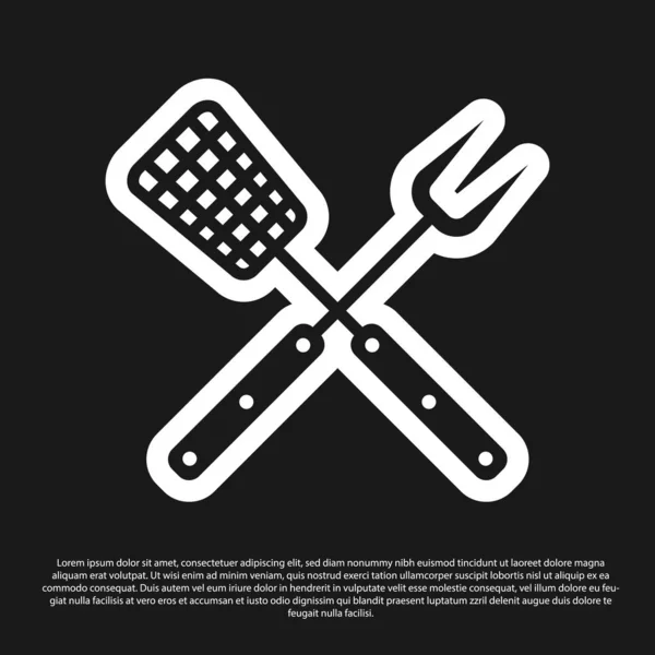 Black Crossed fork and spatula icon isolated on black background. BBQ fork and spatula sign. Barbecue and grill tools. Vector Illustration — Stock Vector