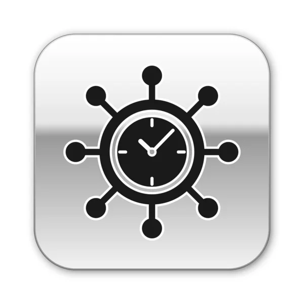 Schwarze Uhr und Schaltuhr auf weißem Hintergrund isoliert. Zeitmanagement-Symbol. Geschäftskonzept. Nabe und Speichen und Uhr solides Symbol. Silberner quadratischer Knopf. Vektorillustration — Stockvektor