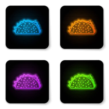 Beyaz arka plan üzerinde izole tortilla simgesi ile parlayan neon Taco. Geleneksel Meksika fast food'u. Siyah kare düğme. Vektör İllüstrasyonu