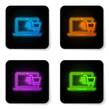 Ekran dizüstü bilgisayarında parlayan neon alışveriş arabası beyaz arkaplanda izole edilmiş. Konsept e-ticaret, e-ticaret, online iş pazarlama. Siyah kare düğme. Vektör İllüstrasyonu