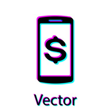 Beyaz arka planda izole edilmiş dolar sembolü simgesine sahip siyah akıllı telefon. Online alışveriş konsepti. Finansal cep telefonu simgesi. Çevrimiçi ödeme simgesi. Vektör İllüstrasyonu