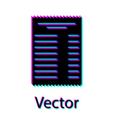 Siyah kağıt kontrolü ve mali kontrol simgesi beyaz arka planda izole edildi. Kağıt baskı çeki, makbuz ya da fatura. Vektör İllüstrasyonu
