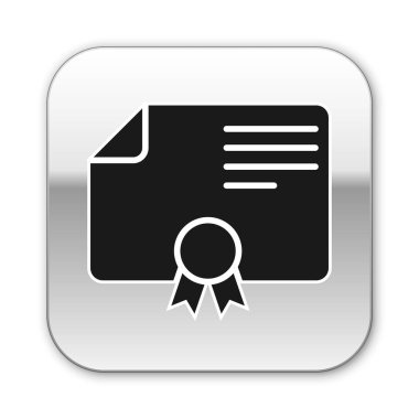 Siyah Sertifika şablon simgesi beyaz arka planda yalıtılmış. Derece simgesi. Başarı, ödül, hibe, diploma kavramları. İş başarı belgesi. Gümüş kare düğme. Vektör İllüstrasyonu