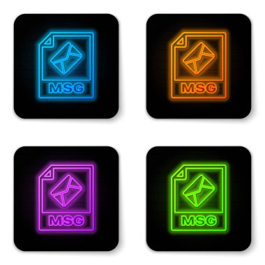 Parlayan neon Msg dosya belge simgesi. Beyaz arka planda yalıtılmış msg düğme simgesini indirin. Msg dosya sembolü. Siyah kare düğme. Vektör İllüstrasyonu