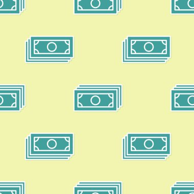 Green Stacks kağıt para ikonu sarı arka planda izole edilmiş kusursuz desen. Para desteleri. Para birimi. Vektör İllüstrasyonu