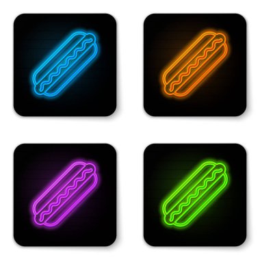 Beyaz arka plan üzerinde izole hardal simgesi ile Parlayan neon Hotdog sandviç. Sosis simgesi. Fast food işareti. Siyah kare düğme. Vektör İllüstrasyonu