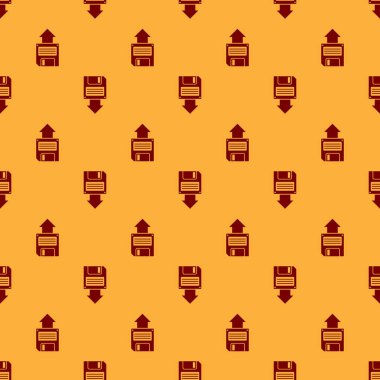 Kırmızı Disket disk yedekleme simgesi kahverengi arka plan üzerinde sorunsuz desen izole. Disket işareti. Düz tasarım. Vektör İllüstrasyonu