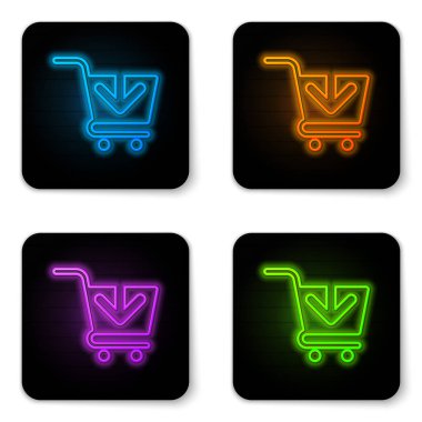 Parlayan neon Beyaz arka planda yalıtılmış Alışveriş sepeti simgesine ekleyin. Online satın alma konsepti. Teslimat hizmeti işareti. Süpermarket sepeti sembolü. Siyah kare düğme. Vektör İllüstrasyonu