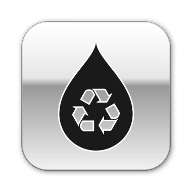 Siyah Geri Dönüşüm temiz aqua simgesi beyaz arka plan üzerinde izole. İşaret geri dönüşüm ile su damlası. Gümüş kare düğme. Vektör İllüstrasyonu