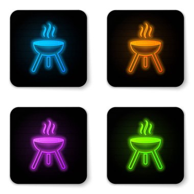 Beyaz arka plan üzerinde izole parlayan neon Barbekü ızgara simgesi. Barbekü ızgara partisi. Siyah kare düğme. Vektör İllüstrasyonu