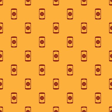 Akıllı telefon ekranında Kırmızı Ayar, kahverengi arka planda kesintisiz desen. Cep telefonu ve vites işareti. Uygulamayı ayarlama, seçenekleri ayarlama, onarım, telefon kavramlarını düzeltme. Düz tasarım. Vektör İllüstrasyonu
