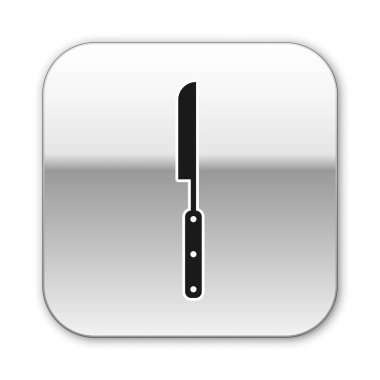 Siyah Barbekü bıçak simgesi beyaz arka plan üzerinde izole. Mutfak bıçağı simgesi. Barbekü bıçak işareti. Barbekü ve ızgara aracı. Gümüş kare düğme. Vektör İllüstrasyonu