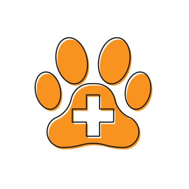 Turuncu Veteriner kliniği sembol simgesi beyaz arka plan üzerinde izole. Çapraz hastane tabelası. Stilize pençe baskı köpek veya kedi. Pet İlk Yardım işareti. Vektör İllüstrasyonu