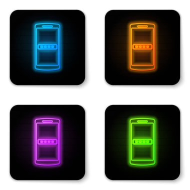 Beyaz arka planda yalıtılmış parlayan neon Cep telefonu ve parola koruma simgesi. Güvenlik, güvenlik, kişisel erişim, kullanıcı izni, gizlilik. Siyah kare düğme. Vektör İllüstrasyonu