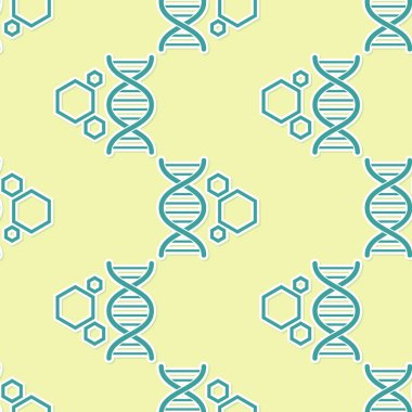 Yeşil Genetik mühendislik simgesi sarı arka plan üzerinde dikişsiz desen izole. DNA analizi, genetik testi, klonlama, babalık testi. Vektör İllüstrasyonu