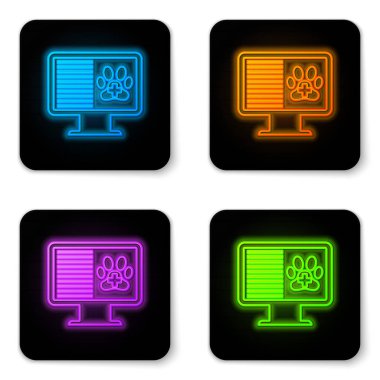 Beyaz arka plan üzerinde izole monitör simgesi üzerinde Parlayan neon Tıbbi klinik kayıt pet. Sağlık sigortası formu. Reçete, tıbbi kontrol izleri raporu. Siyah kare düğme. Vektör İllüstrasyonu