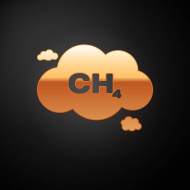 Altın Metan emisyon azaltma simgesi siyah arka plan üzerinde izole. Ch4 molekül modeli ve kimyasal formülü. Bataklık gazı. Doğalgaz. Vektör İllüstrasyonu