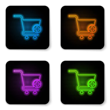 Parlayan neon Beyaz arka planda yalıtılmış Alışveriş sepeti simgesine ekleyin. Online satın alma konsepti. Teslimat hizmeti işareti. Süpermarket sepeti sembolü. Siyah kare düğme. Vektör İllüstrasyonu