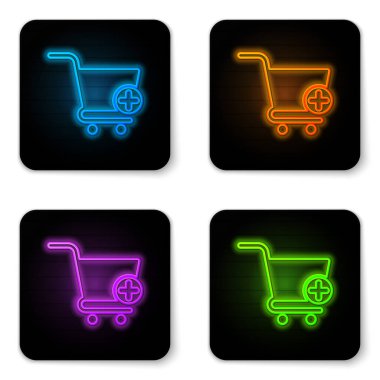 Parlayan neon Beyaz arka planda yalıtılmış Alışveriş sepeti simgesine ekleyin. Online satın alma konsepti. Teslimat hizmeti işareti. Süpermarket sepeti sembolü. Siyah kare düğme. Vektör İllüstrasyonu