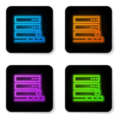 Beyaz arka planda yalıtılmış parlayan neon Müşteri hizmetleri sunucusu simgesi. Erkek operatör ile teknik destek konsepti. Çağrı merkezi tabelası. Siyah kare düğme. Vektör İllüstrasyonu