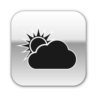 Siyah Güneş ve bulut hava simgesi beyaz arka plan üzerinde izole. Gümüş kare düğme. Vektör İllüstrasyonu