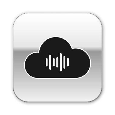 Siyah Müzik akış hizmeti simgesi beyaz arka planda yalıtılmış. Ses bulut bilgi işlem, online medya akışı, online şarkı, ses dalgası. Gümüş kare düğme. Vektör İllüstrasyonu