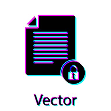 Siyah Belge ve kilit simgesi beyaz arkaplanda izole edildi. Dosya biçimi ve asma kilit. Güvenlik, güvenlik, koruma kavramı. Vektör İllüstrasyonu