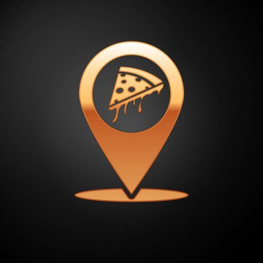 Siyah arka planda izole fast food dilim pizza simgesi ile Altın Harita işaretçisi. Pizzayeri konum simgesi. Pizza kafe ve restoran kalemi. Vektör İllüstrasyonu
