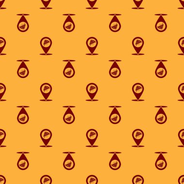 Fast food dilim pizza simgesi kahverengi arka plan üzerinde izole dikişsiz desen ile Kırmızı Harita işaretçisi. Pizzayeri konum simgesi. Pizza kafe ve restoran kalemi. Vektör İllüstrasyonu