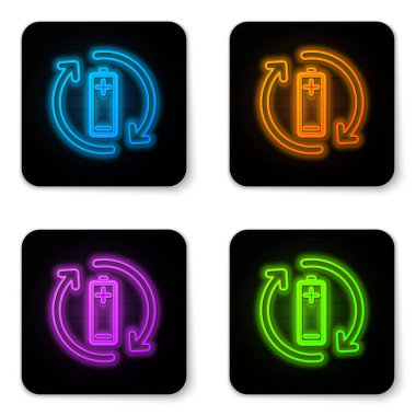 Beyaz arka planda yalıtılmış geri dönüşüm sembolü çizgi simgesiile parlayan neon Pil. Geri dönüşüm sembolü ile Pil - yenilenebilir enerji kavramı. Siyah kare düğme. Vektör İllüstrasyonu