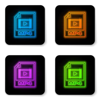 Parlayan neon Mp4 dosya belge simgesi. Beyaz arka planda yalıtılmış mp4 düğme simgesini indirin. Mp4 dosya sembolü. Siyah kare düğme. Vektör İllüstrasyonu