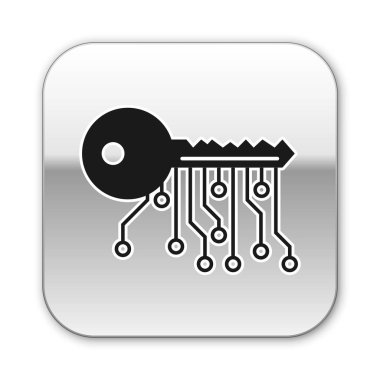 Beyaz arka planda yalıtılmış Siyah Cryptocurrency anahtar simgesi. Siber güvenlik veya özel anahtar kavramı, teknoloji arayüzü ile dijital anahtar. Gümüş kare düğme. Vektör İllüstrasyonu