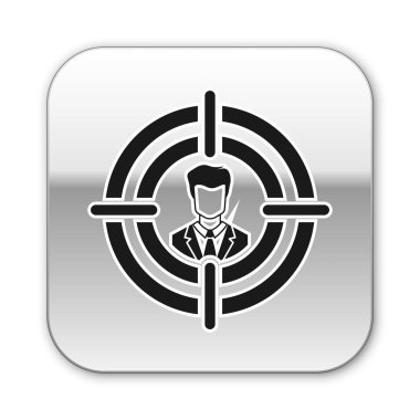 Siyah Kafa avcılık kavram simgesi beyaz arka plan üzerinde izole. İş hedefi veya İstihdam işareti. İnsan kaynakları ve iş için işe alım. Gümüş kare düğme. Vektör İllüstrasyonu