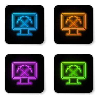 Beyaz arka planda izole dizüstü bilgisayar ve kazma simgesi ile Parlayan neon Madencilik kavramı. Blockchain teknolojisi, kripto para madenciliği, dijital para piyasası. Siyah kare düğme. Vektör İllüstrasyonu