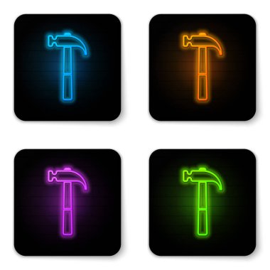 Beyaz arka planda izole parlayan neon Hammer simgesi. Onarım aracı. Siyah kare düğme. Vektör İllüstrasyonu